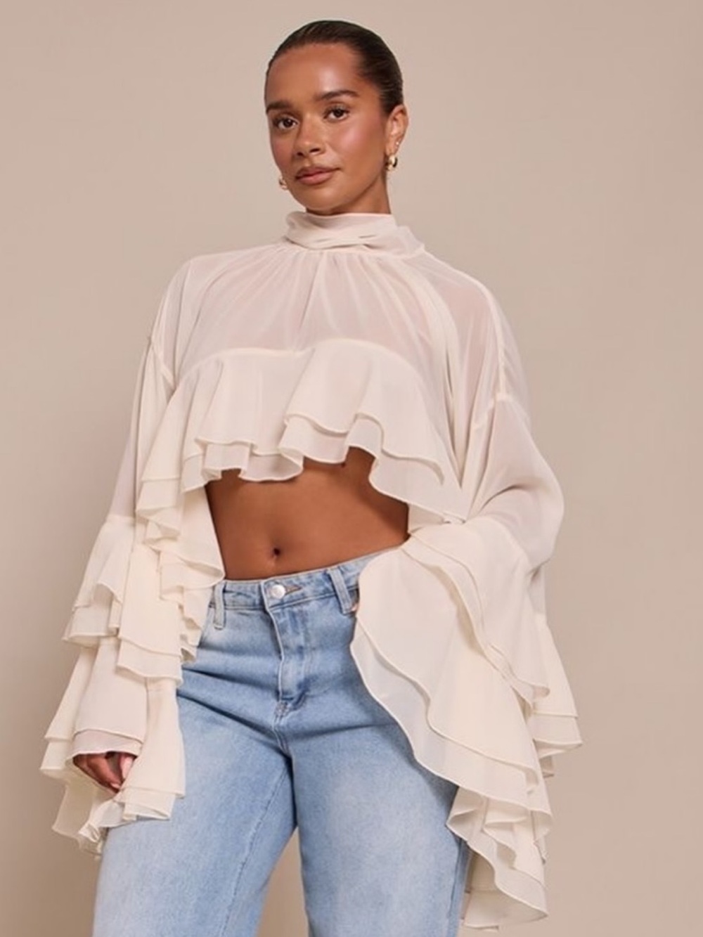 Off-White Chiffon Tiered Sheer Long Sleeve Blouse Top
